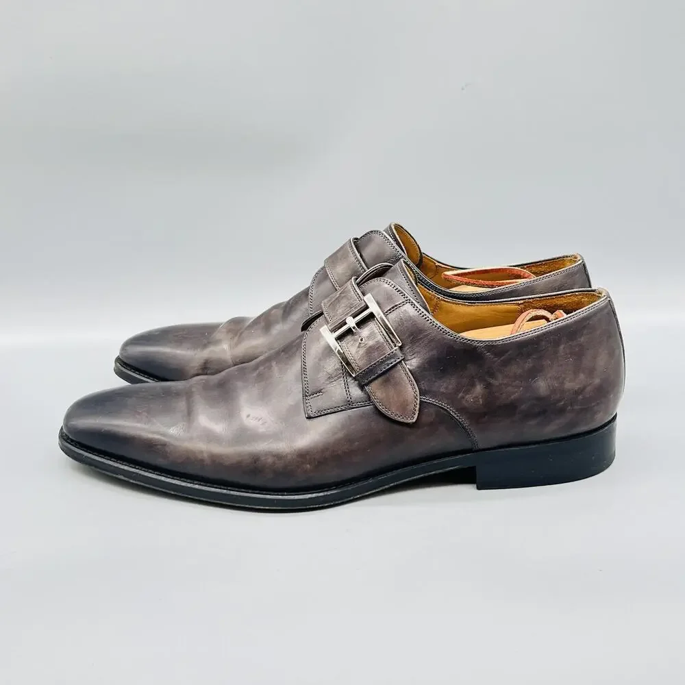 Magnanni Shoes Mens 10 Gray Leather Monk Strap Oxford Dress Buckle Almond Toe